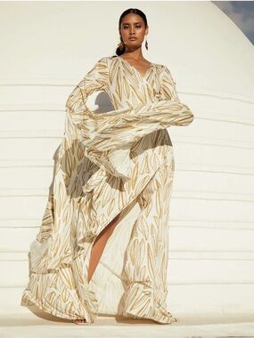 Diarrablu Maya Long Sleeve Surplice Dress in Fiore Gold